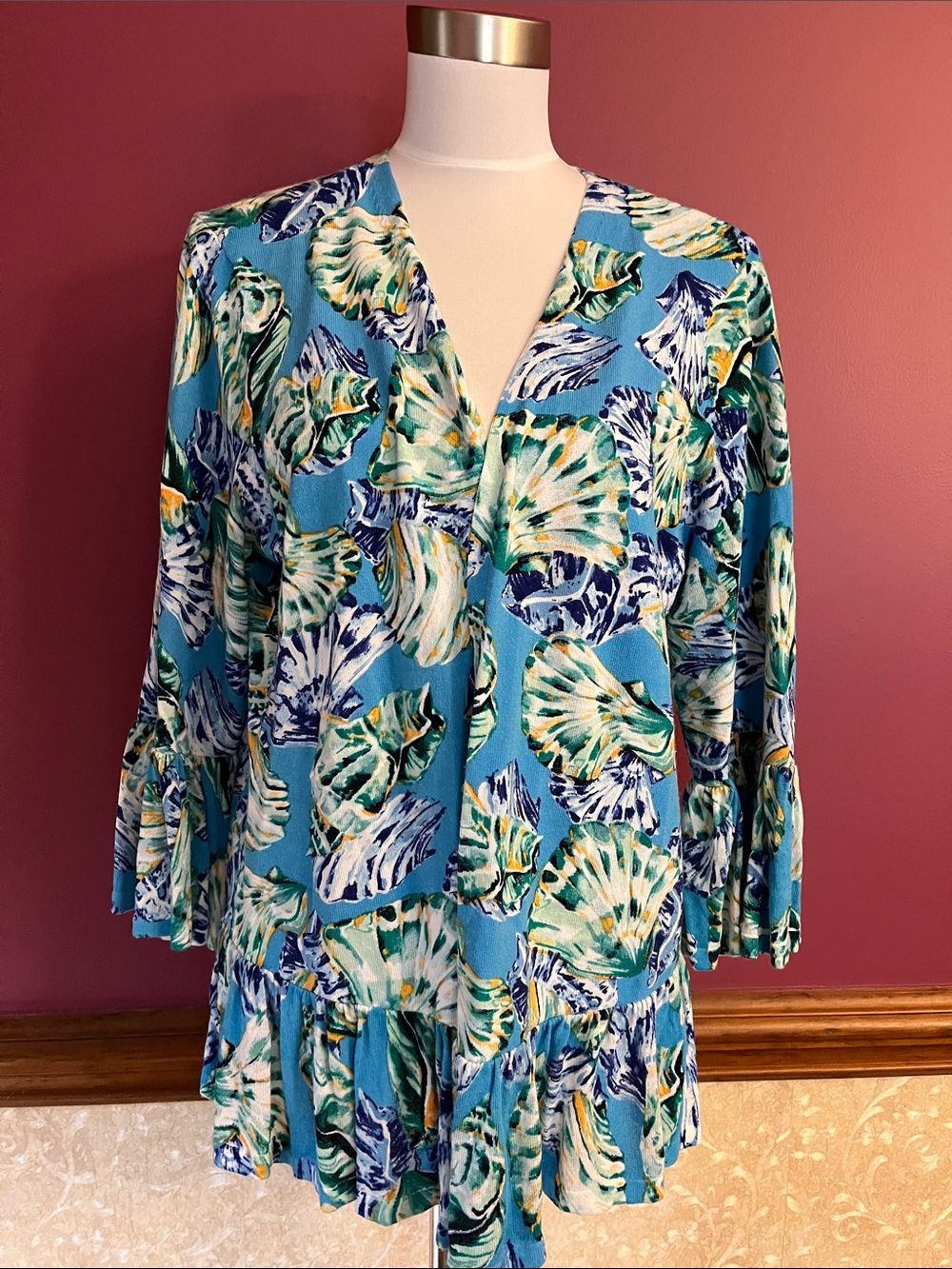 Chico's Turquoise Shell-Print Ruffle Open Front Cardigan